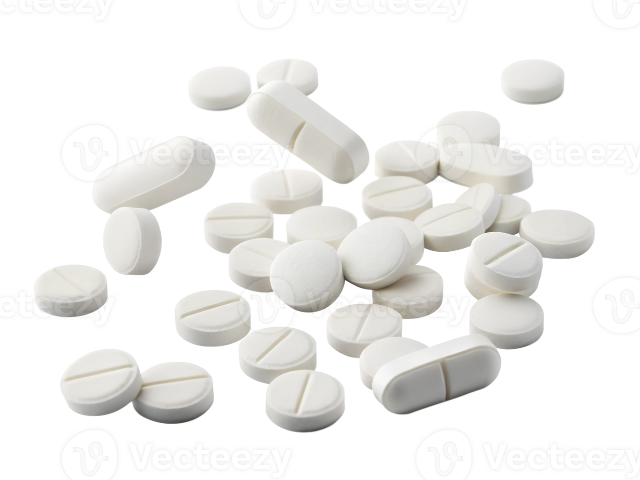 A collection of various white pills scattered on a surface. The pills are of different shapes, isolated on a transparent background png