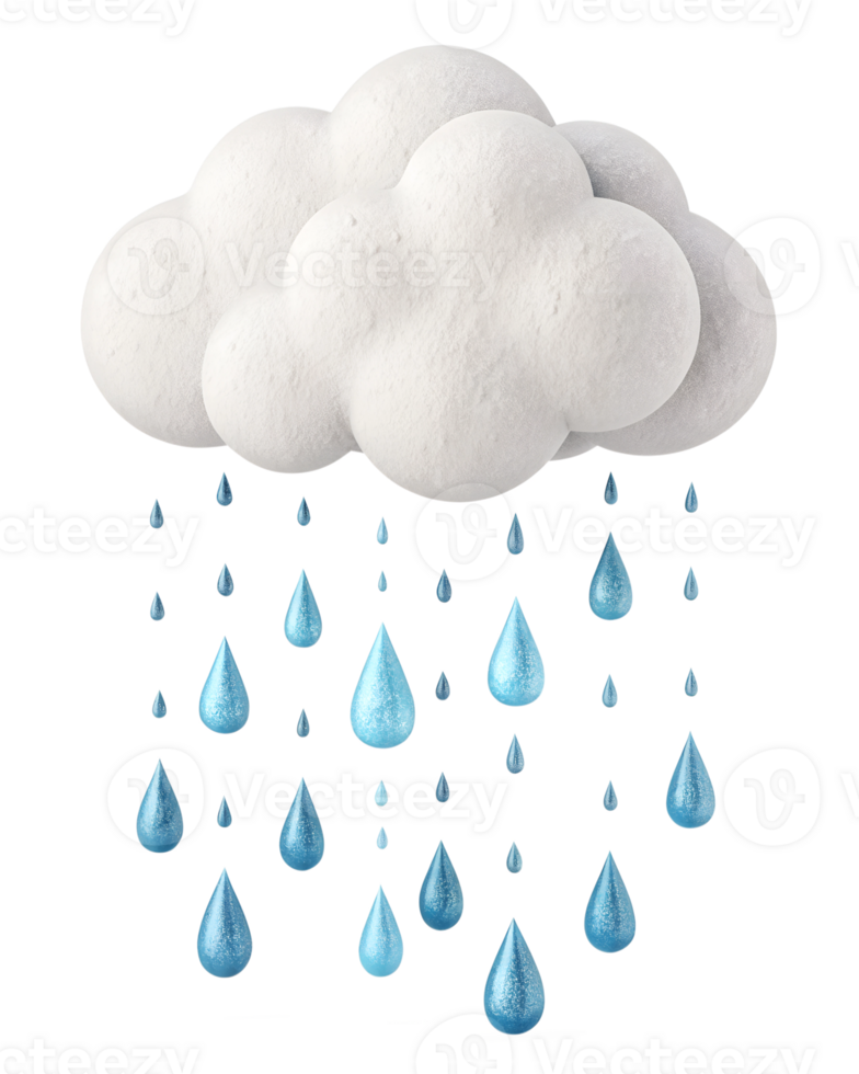 3d style illustration of A cloud with small raindrops falling symbolizing spring showers. isolated on a transparent background png