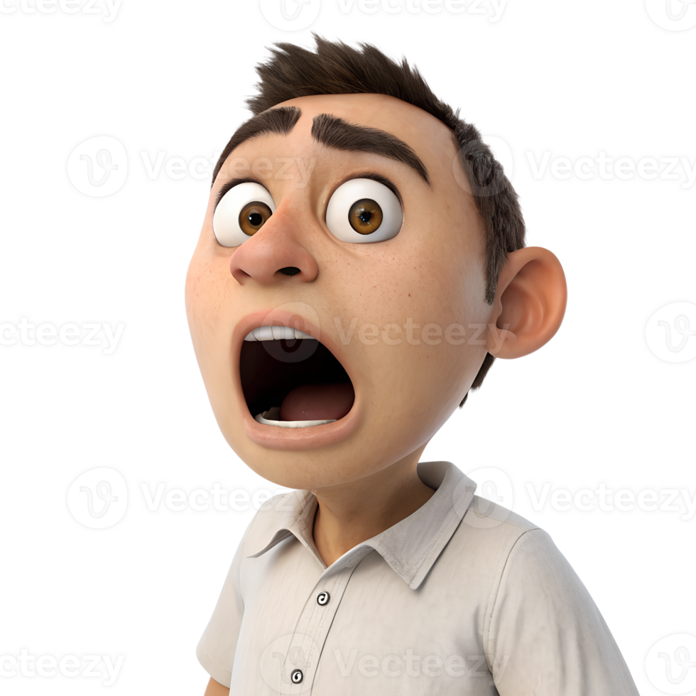 A 3D animated cartoon character a man with wide eyes and a dropped jaw, expressing pure shock., isolated on a transparent background png