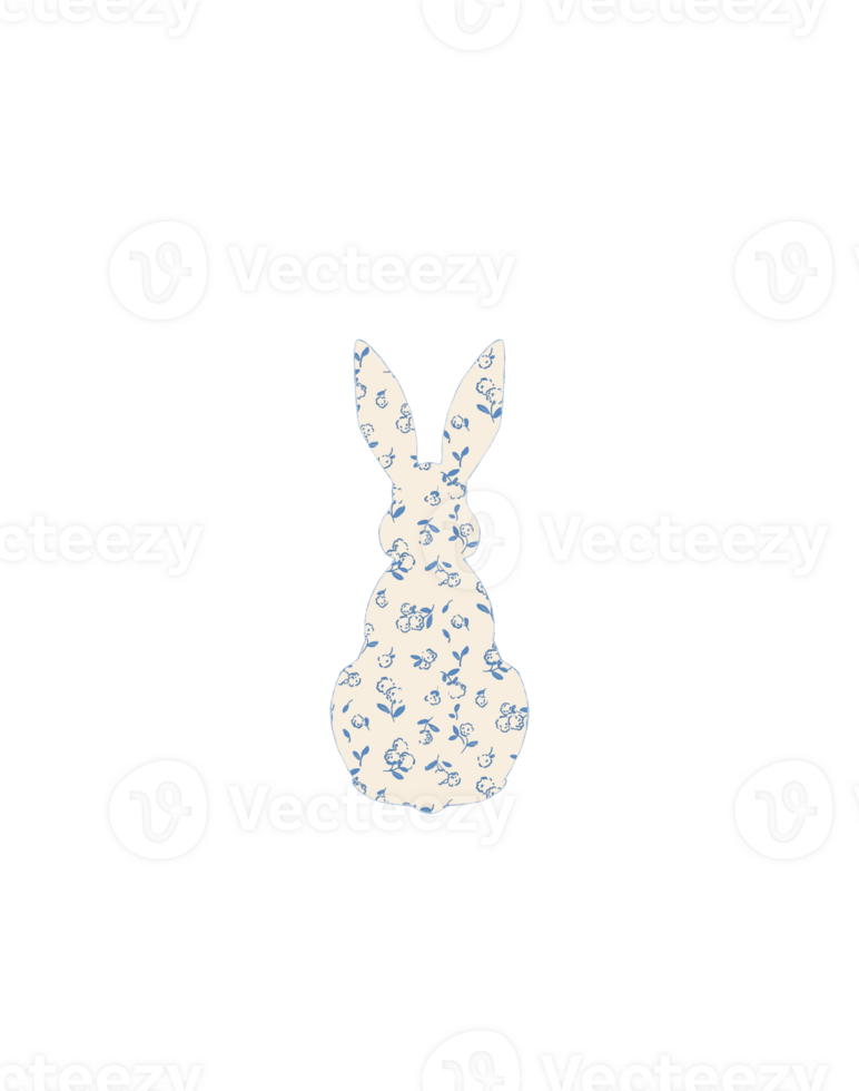 Plush A cartoon rabbit's back view with a minimalist outline in a French toile Blue style, filled with blue-and-white porcelain patterns png