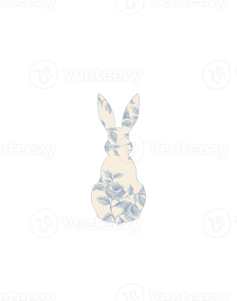 A cartoon rabbit's back view with a minimalist outline in a French toile Blue style, filled with blue-and-white porcelain patterns png