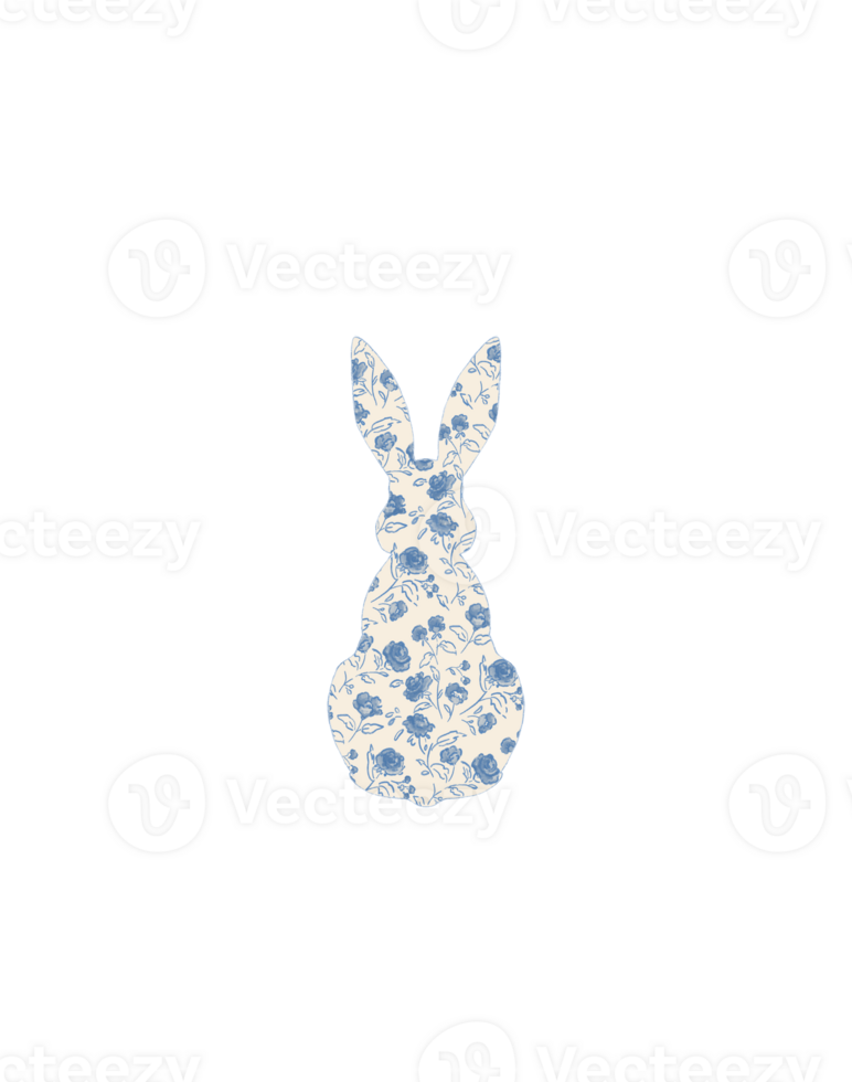 A cartoon rabbit's back view with a French toile Blue style, filled with blue-and-white porcelain patterns png