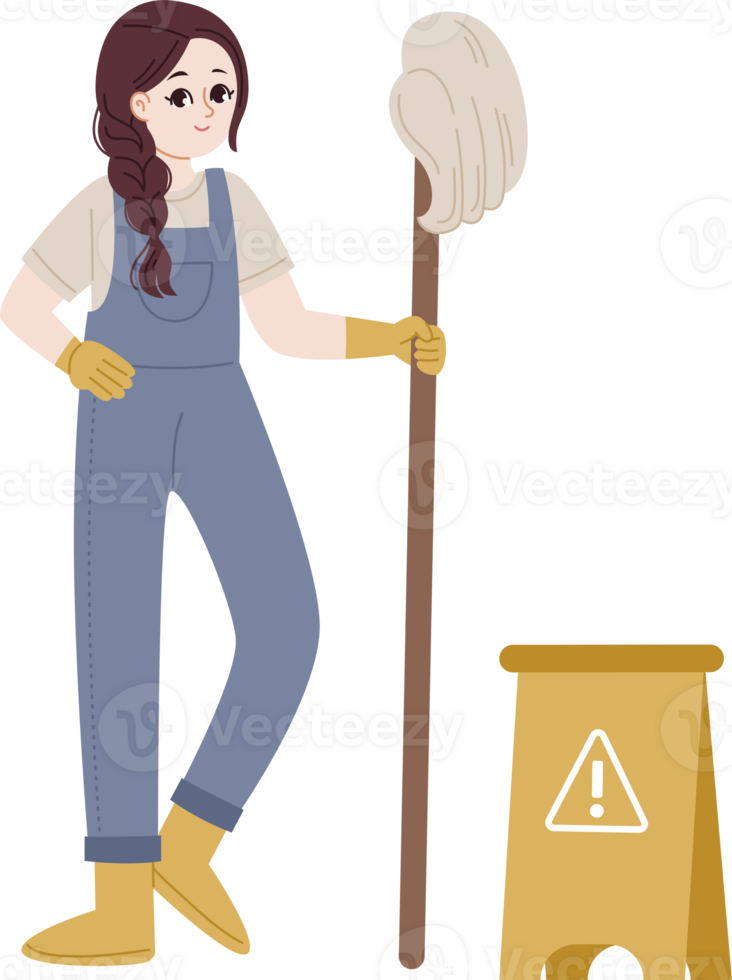 female Cleaning Service Worker holding mop png