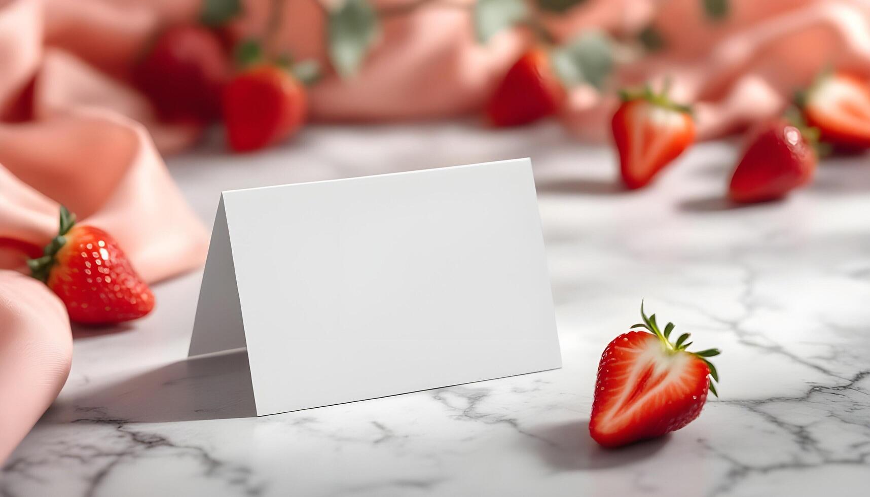 Blank Card Mockup with Fresh Strawberries on Marble photo