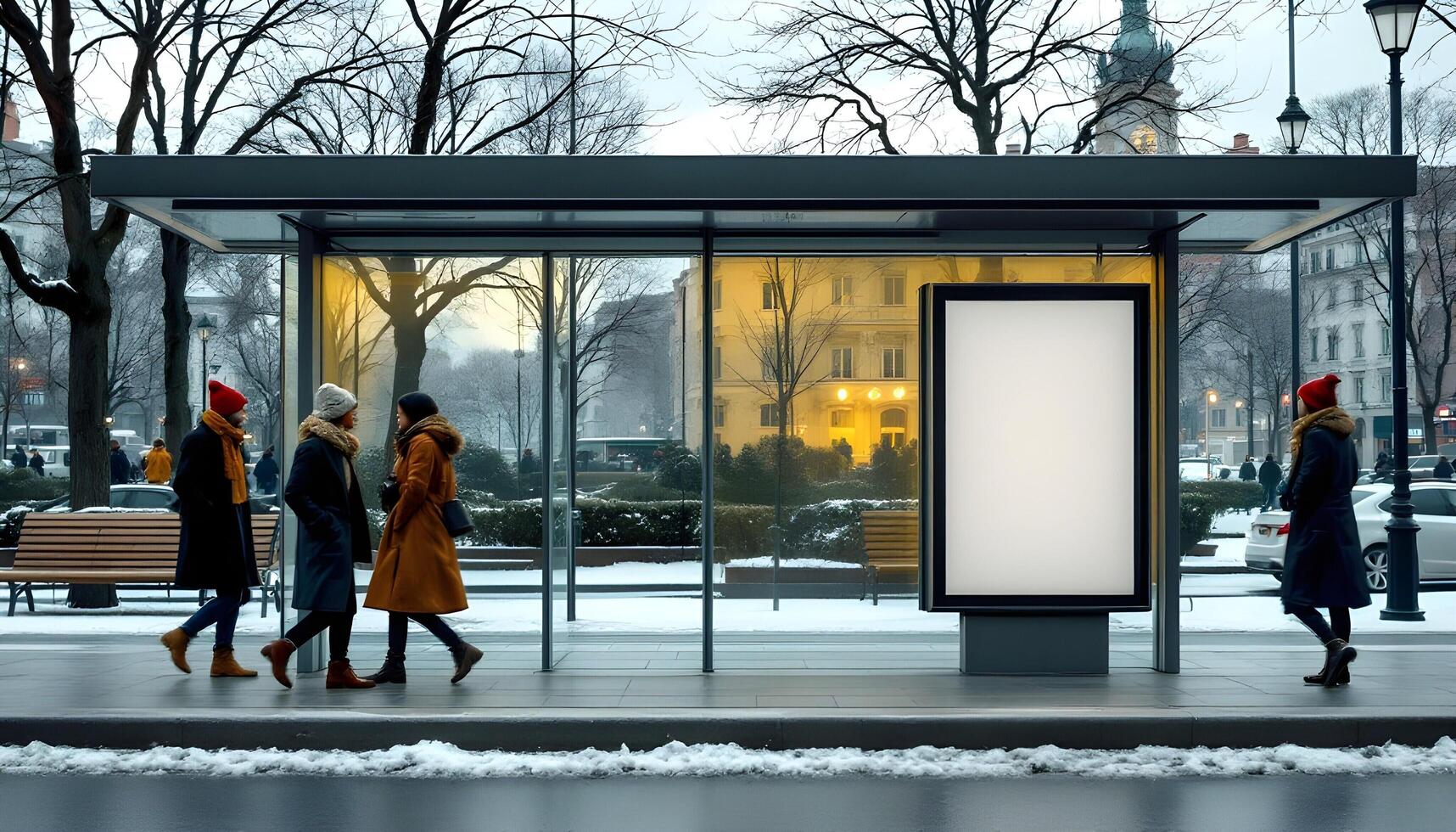Blank Billboard at Winter Bus Stop with People Walking photo