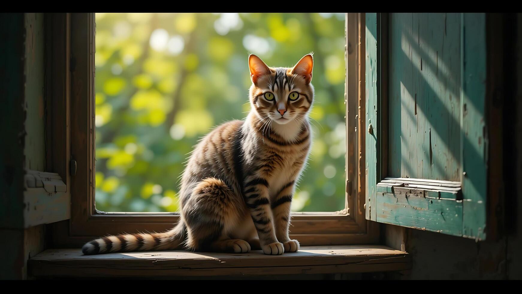 A tabby cat sits contemplatively on a windowsill, bathed in sunlight. photo
