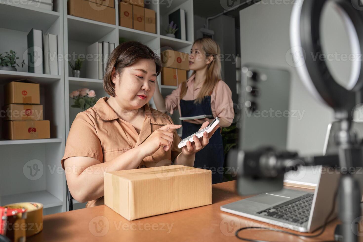 Focused e-commerce entrepreneur checking shipment details on smartphone while coordinating with assistant in home office photo