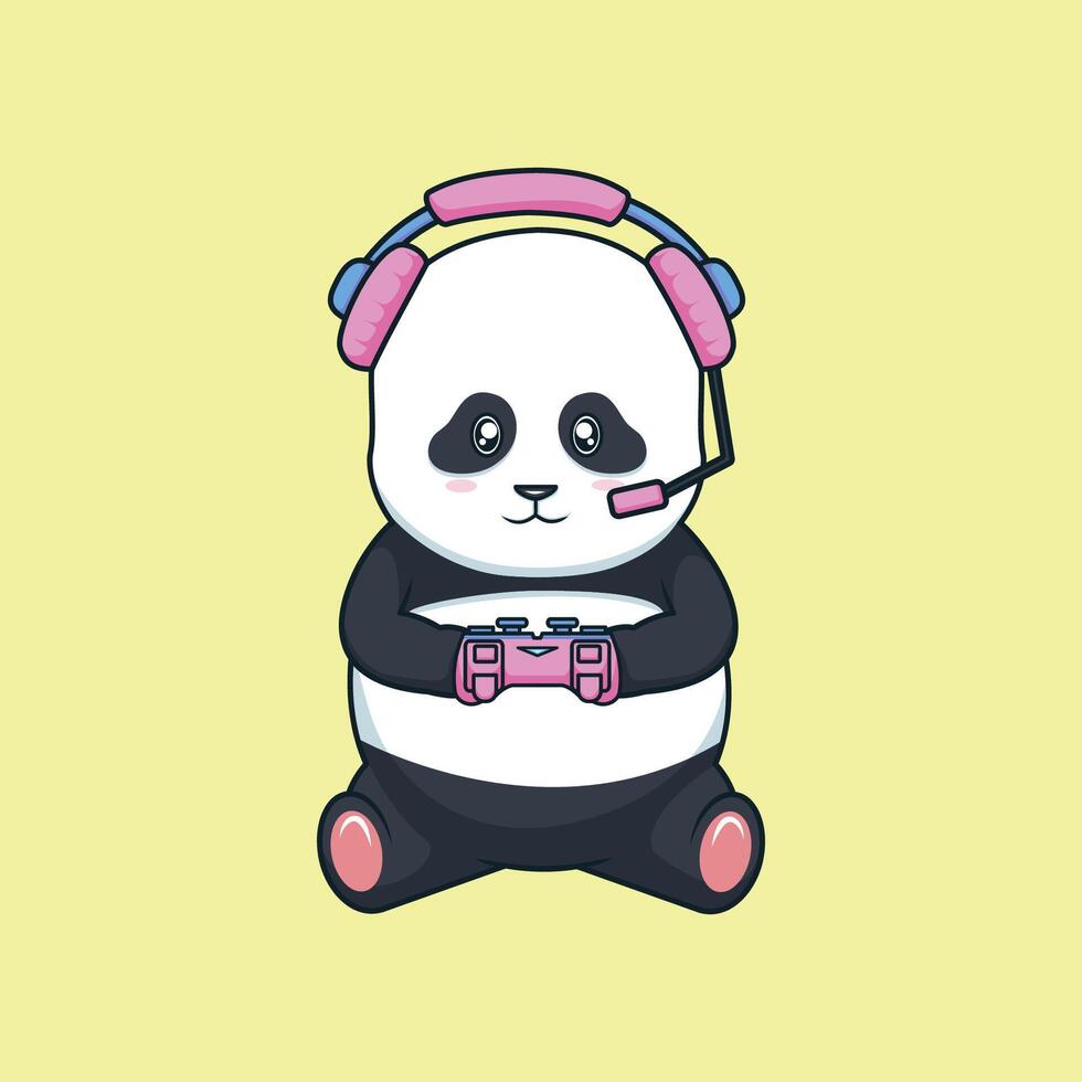 Panda with controller cute character illustration vector