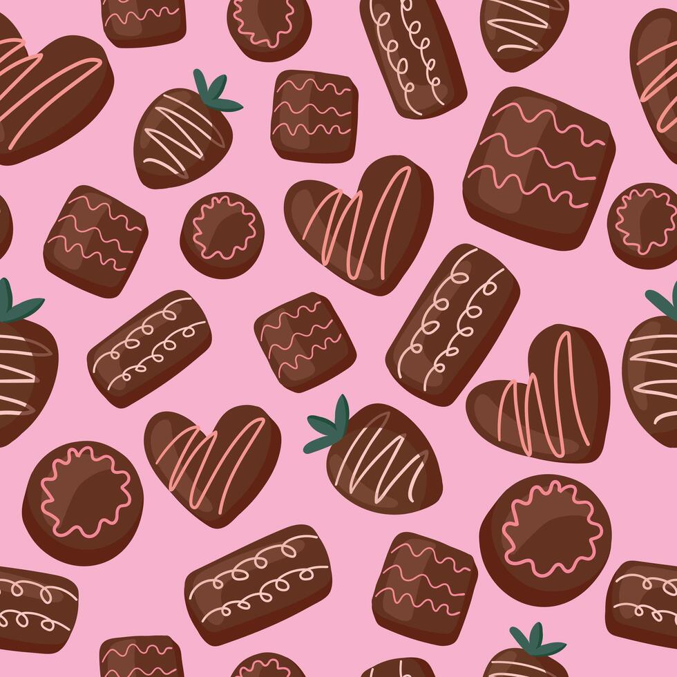 seamless pattern with hand-drawn chocolates on a soft pink background vector