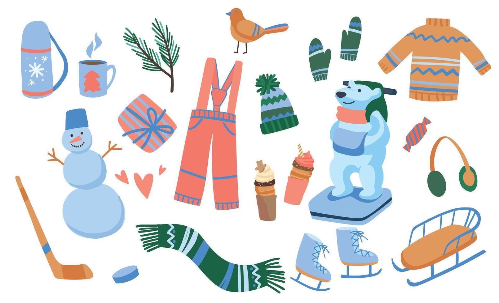 hand drawn set of elements for active winter recreation. skates, sled, snowman, thermos and mug, hockey puck and stick, sweater, mittens, scarf vector