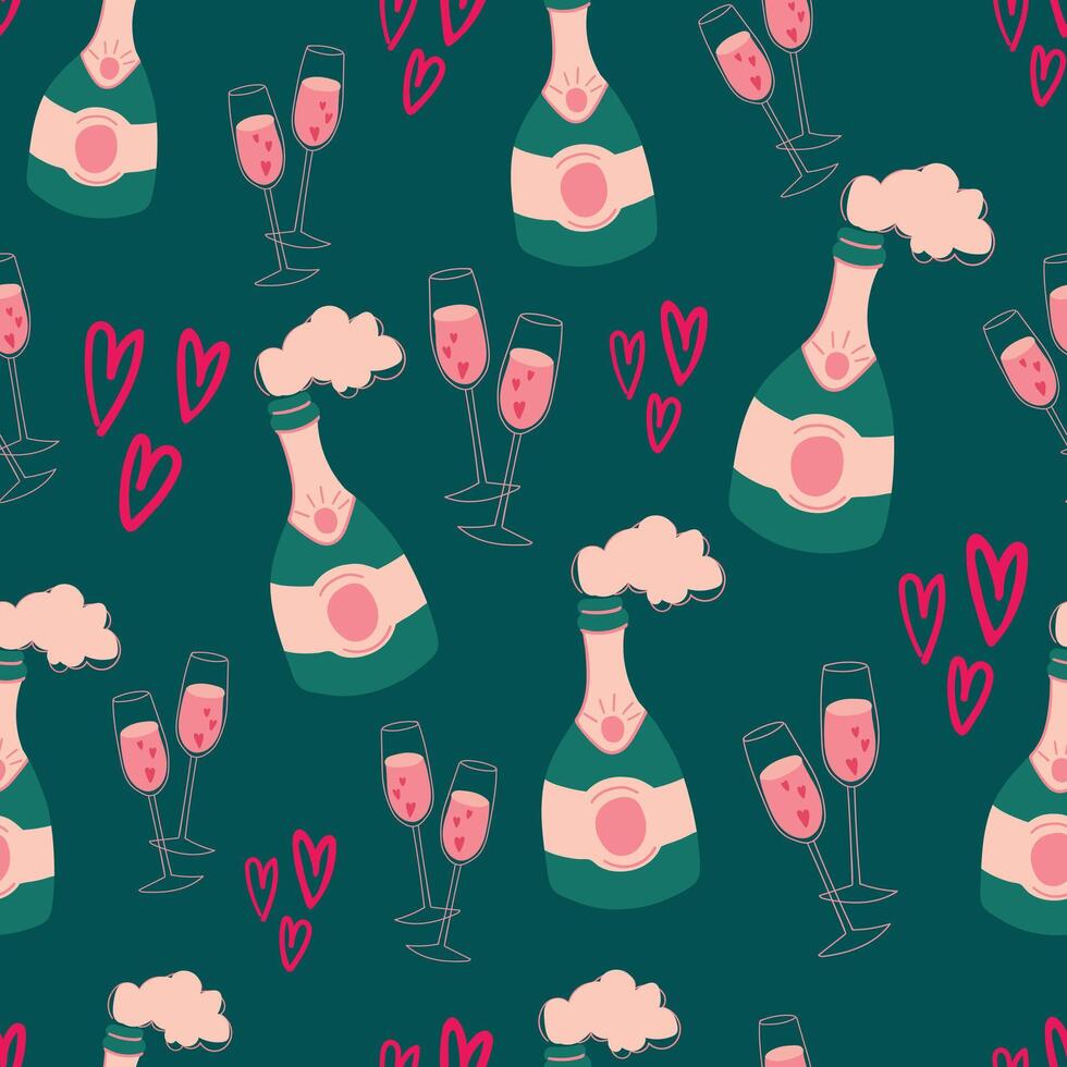 seamless pattern with hand drawn champagne, glasses and hearts on a dark green background vector