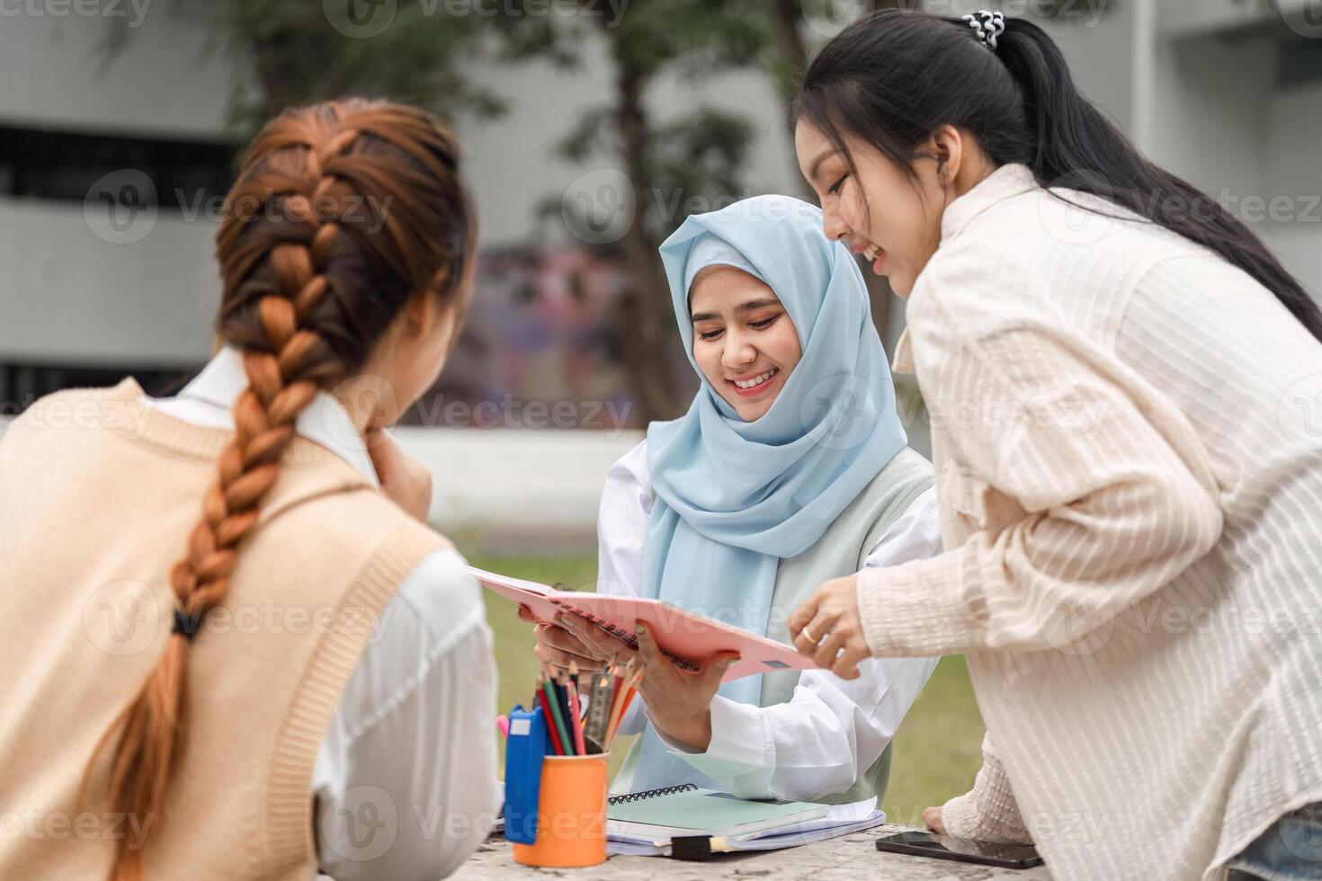 Diverse female students collaborating and studying together outdoors. photo