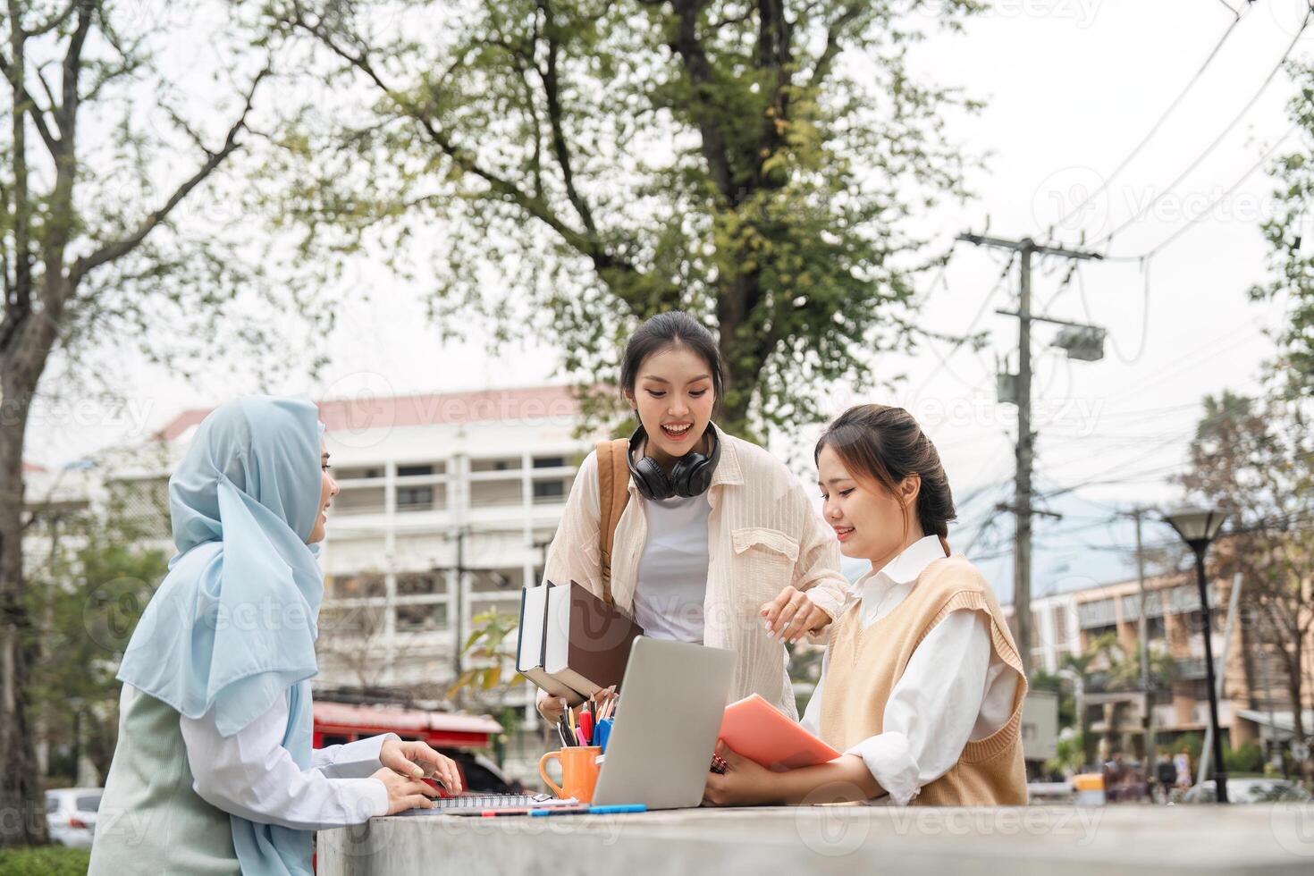 Diverse university students collaborating and studying outdoors with laptops and books. photo
