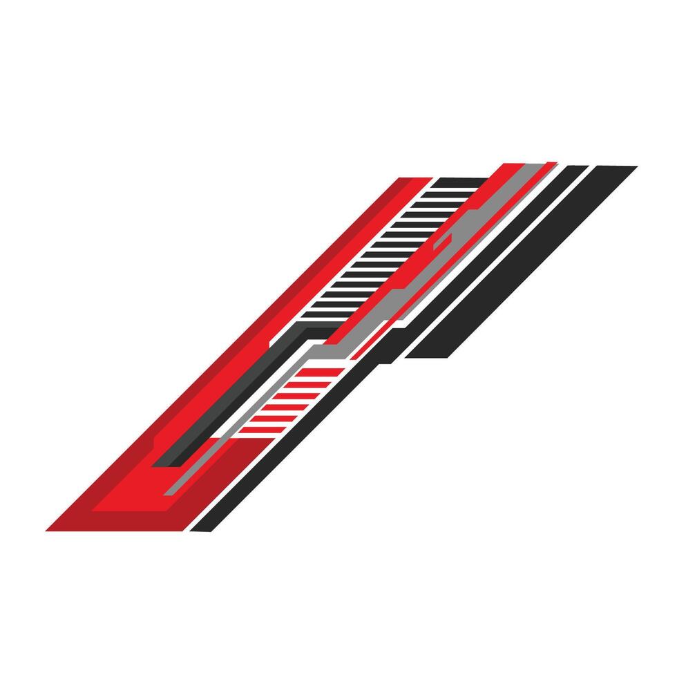 Futuristic sticker design with a combination of red, black, white and gray. Sharp and dynamic graphic patterns create an aggressive and sporty impression, suitable for racing cars. vector