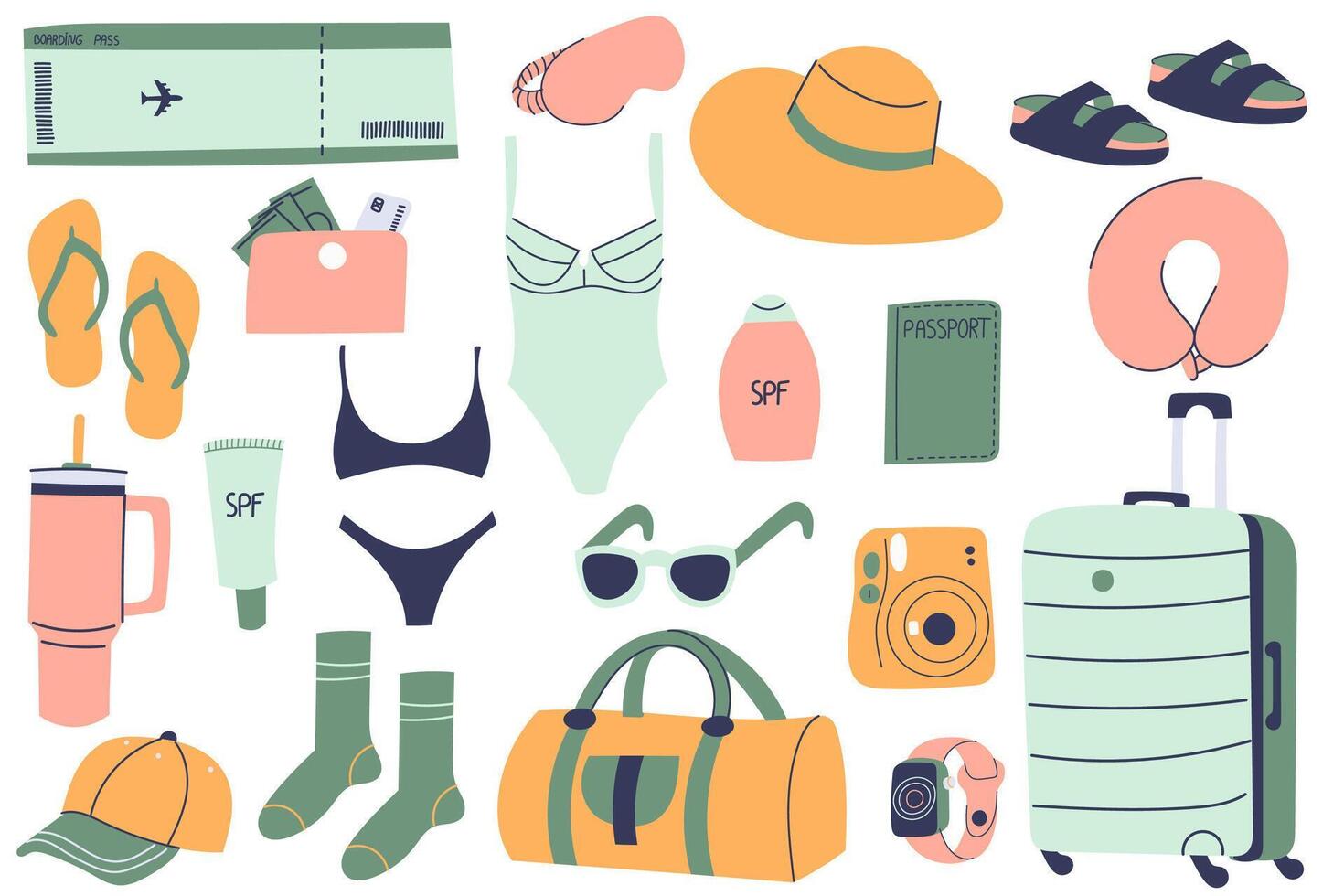 Travel set featuring essential items for a trip. Tourists objects bundle, suitcases, bags, bikini, money,hat. vector