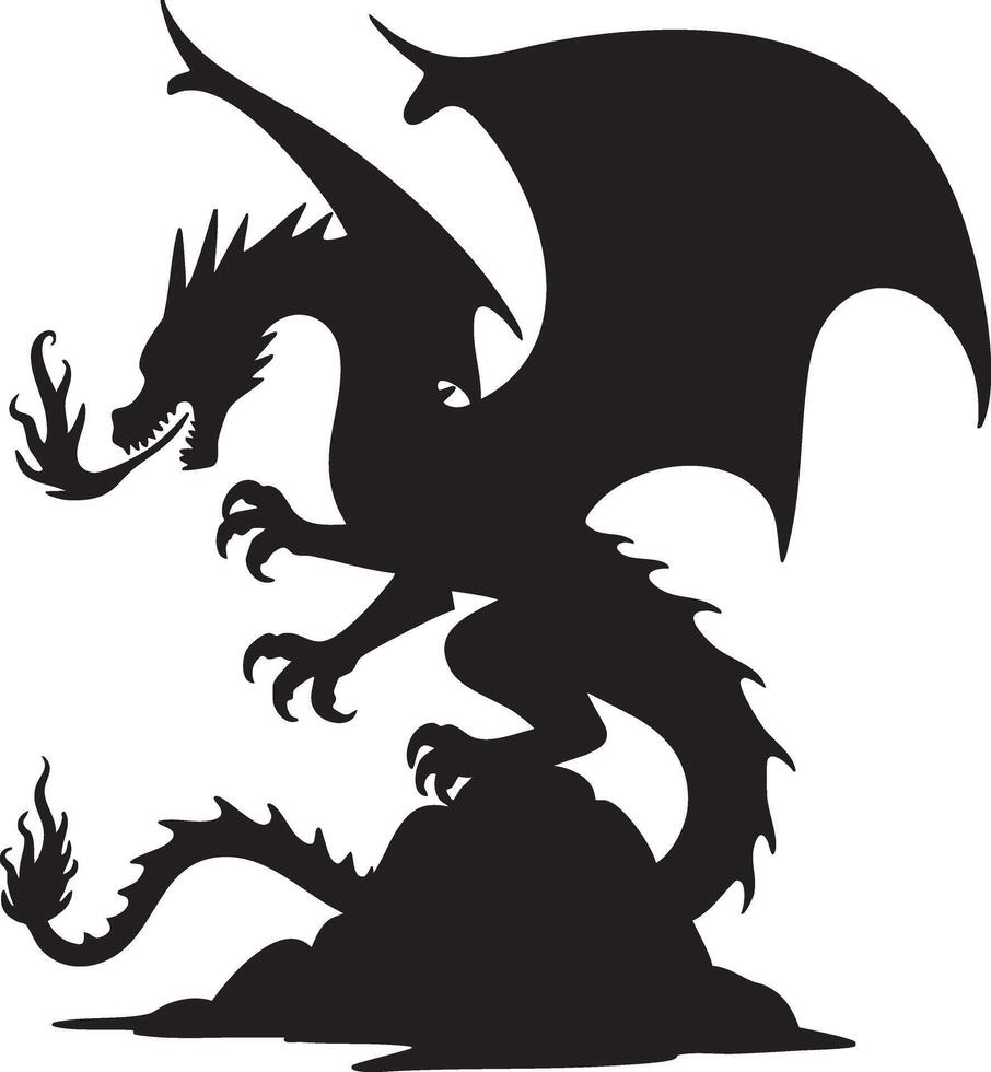 A black silhouette of a dragon on a rock vector