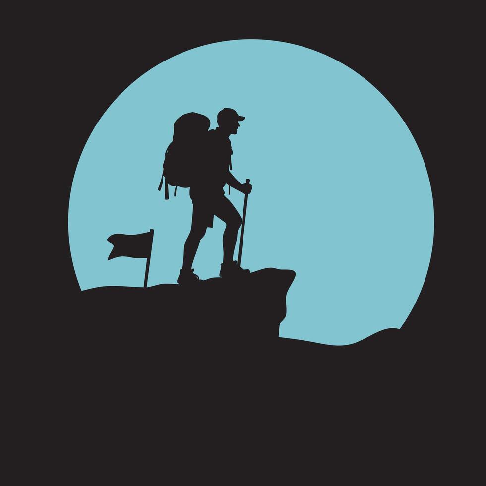 Silhouette of a man with a backpack on top of a mountain vector