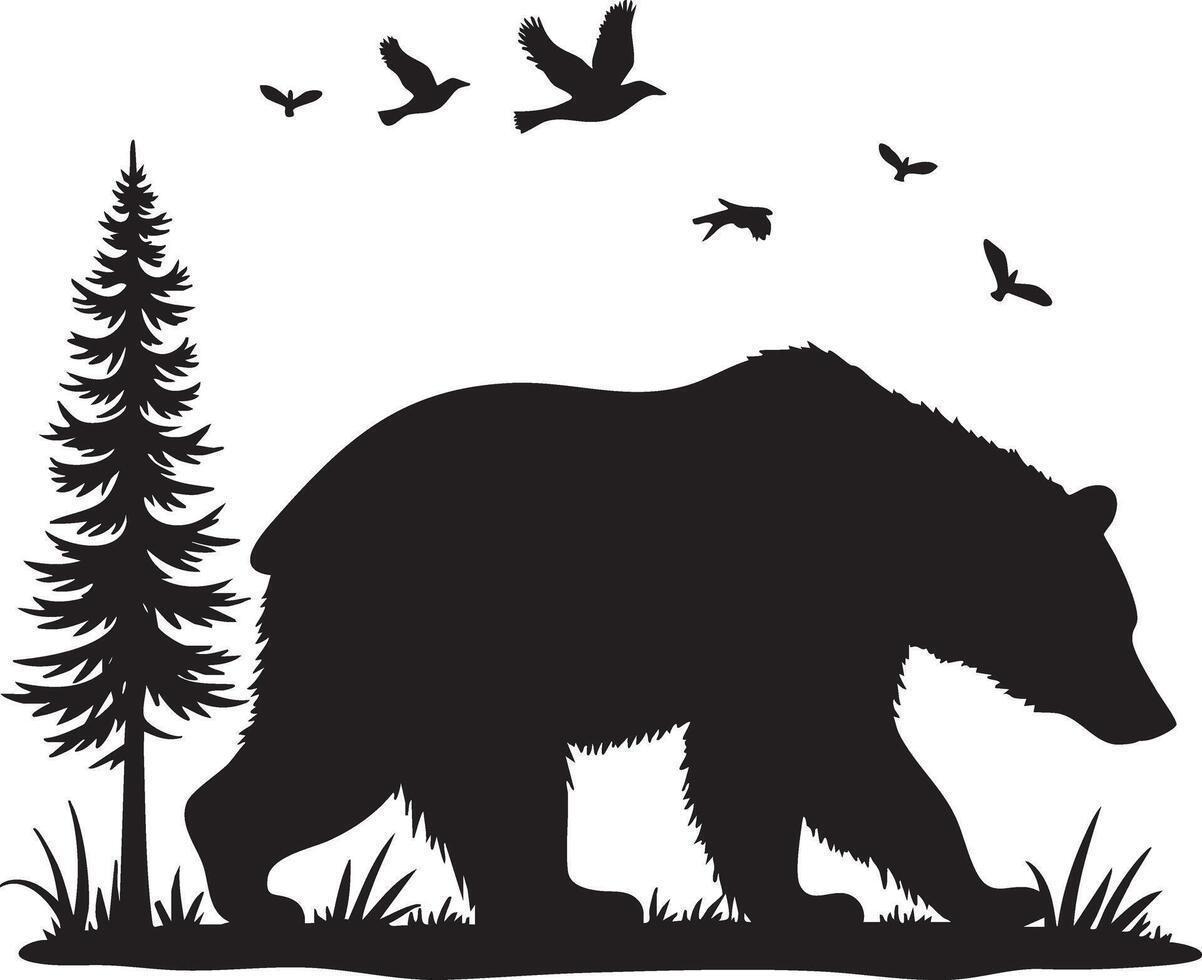 A black bear and birds in the forest vector