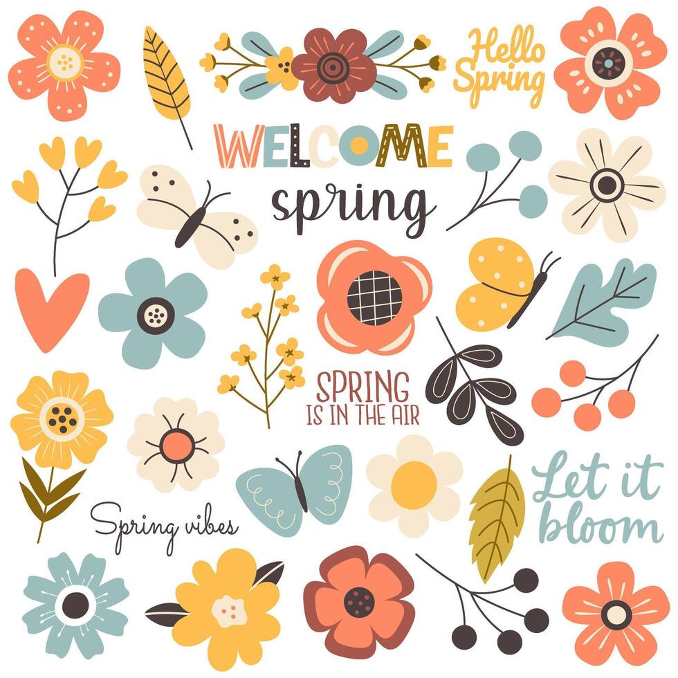 Spring-themed collection with flowers, leaves, butterflies, and hand-lettered phrases. Pastel color palette with a playful, modern style. Perfect for prints, decor, invitations, and seasonal projects. vector
