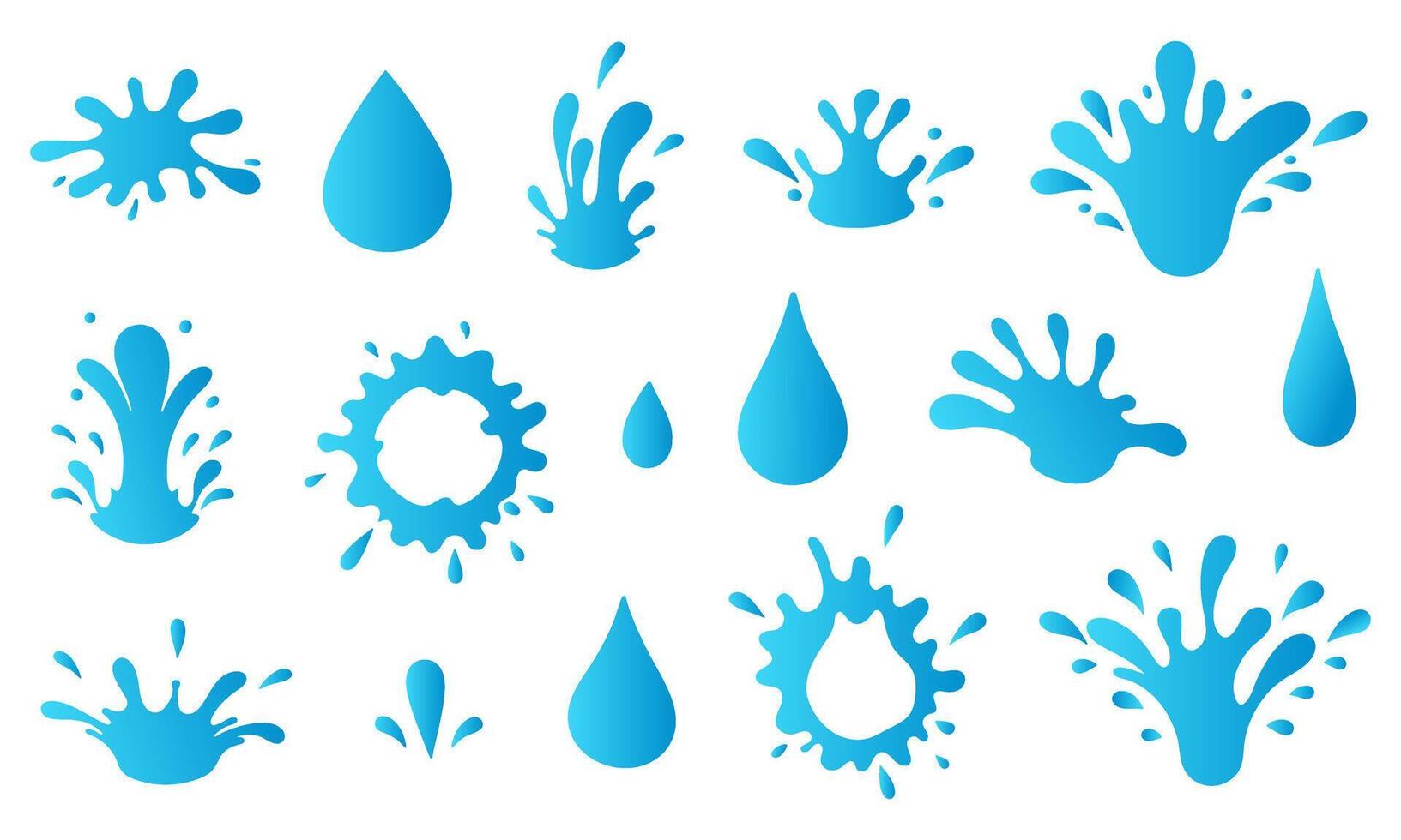 Water drops and splash silhouette set. Blue different liquid shapes collection isolated on white background. Flat style. vector