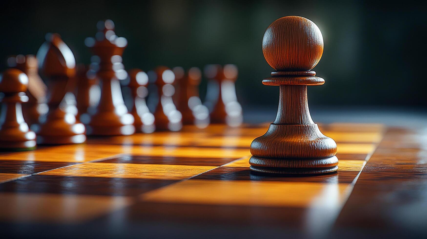 A lone pawn made of smooth wood stands on a chessboard photo