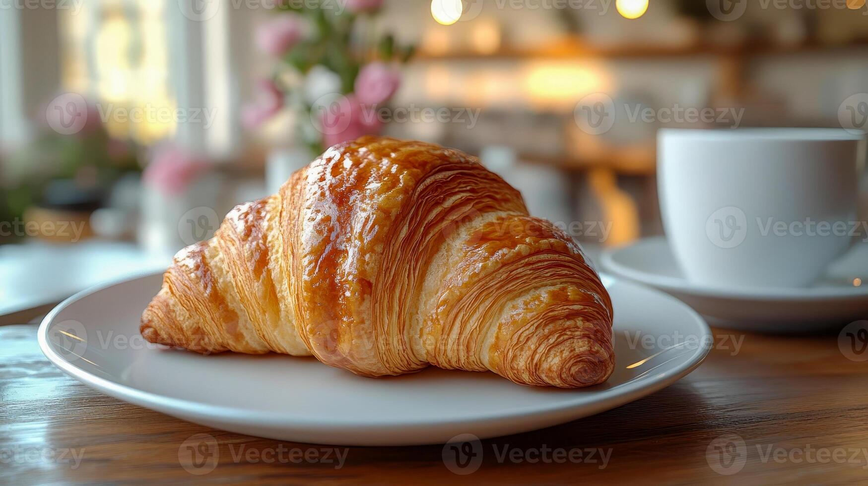 A warm freshly baked croissant with a golden crispy crust lies on a white porcelain plate photo