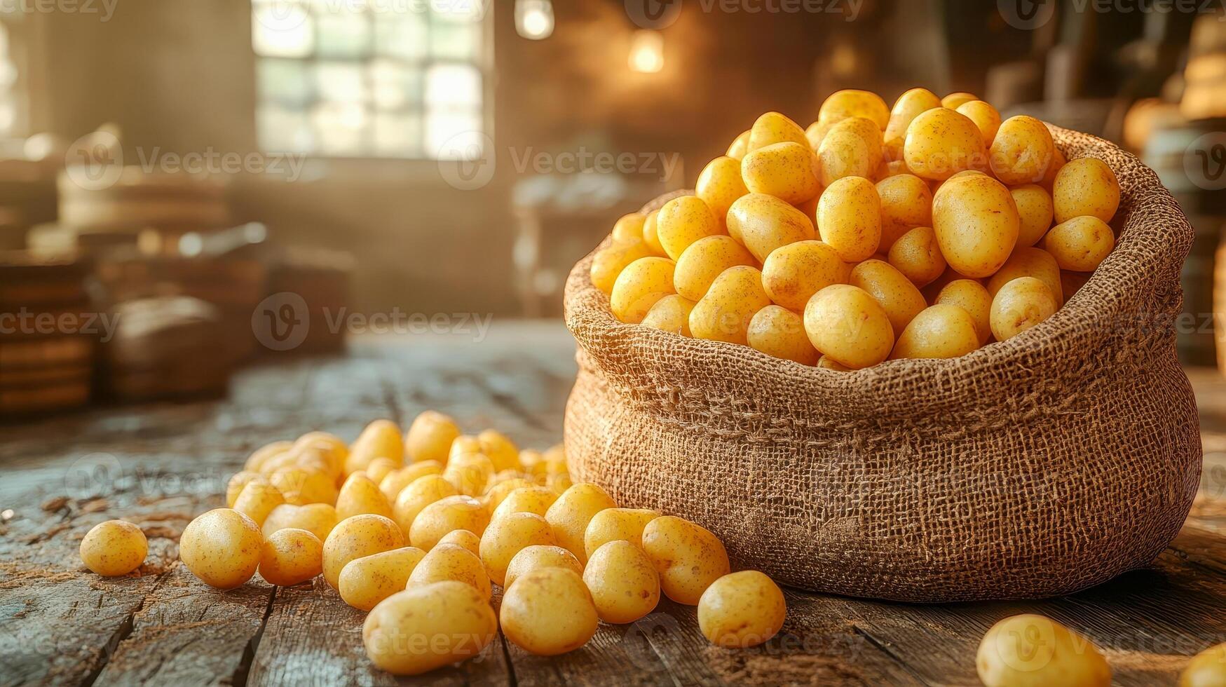 The potatoes are collected in a bag, the bag of potatoes is in the cellar photo