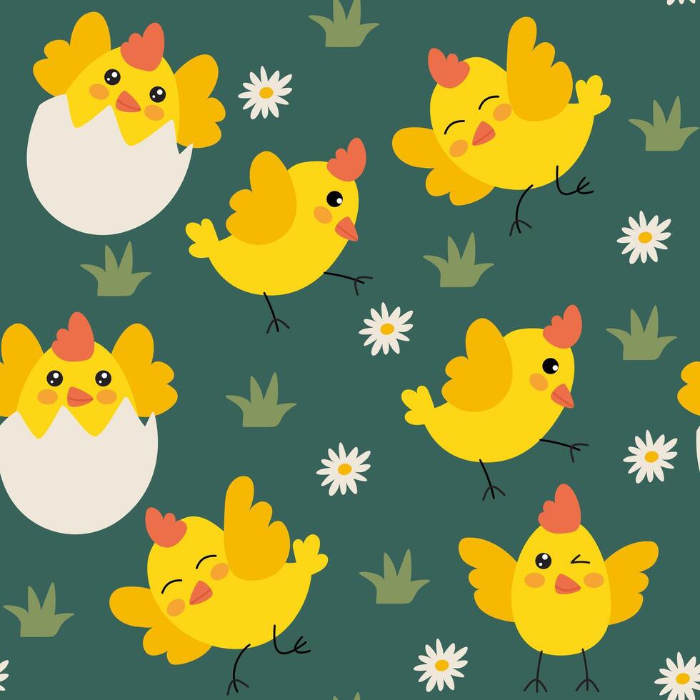 Seamless pattern with adorable yellow chicks, symbolizing spring and Easter. This cute design is perfect for holiday decor, greeting cards, textiles, and wrapping paper. vector