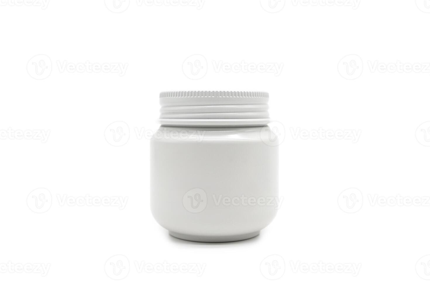 A small gray cylindrical jar isolated on white background. Copy space and Clipping path. Cream jar, cosmetic jar, food container, supplement container, beauty product packaging, mockup. photo