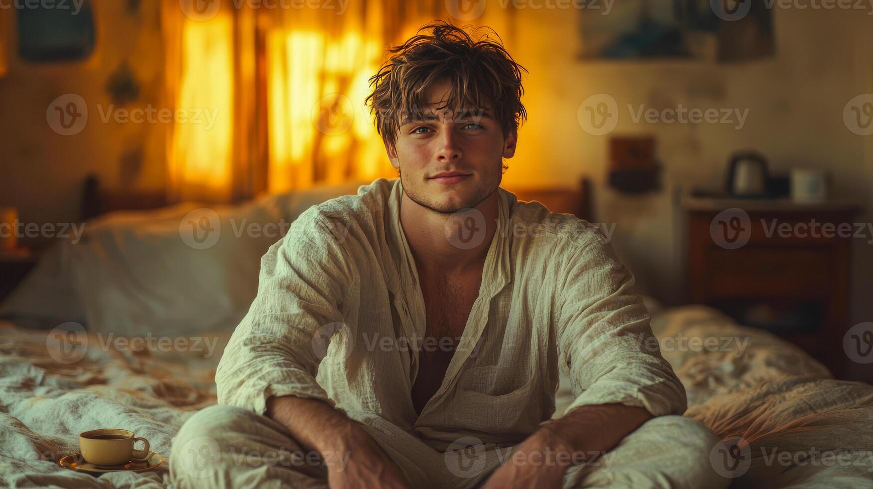 A man in a soft cotton pajama set sits on the bed, a cup of tea on the bed photo