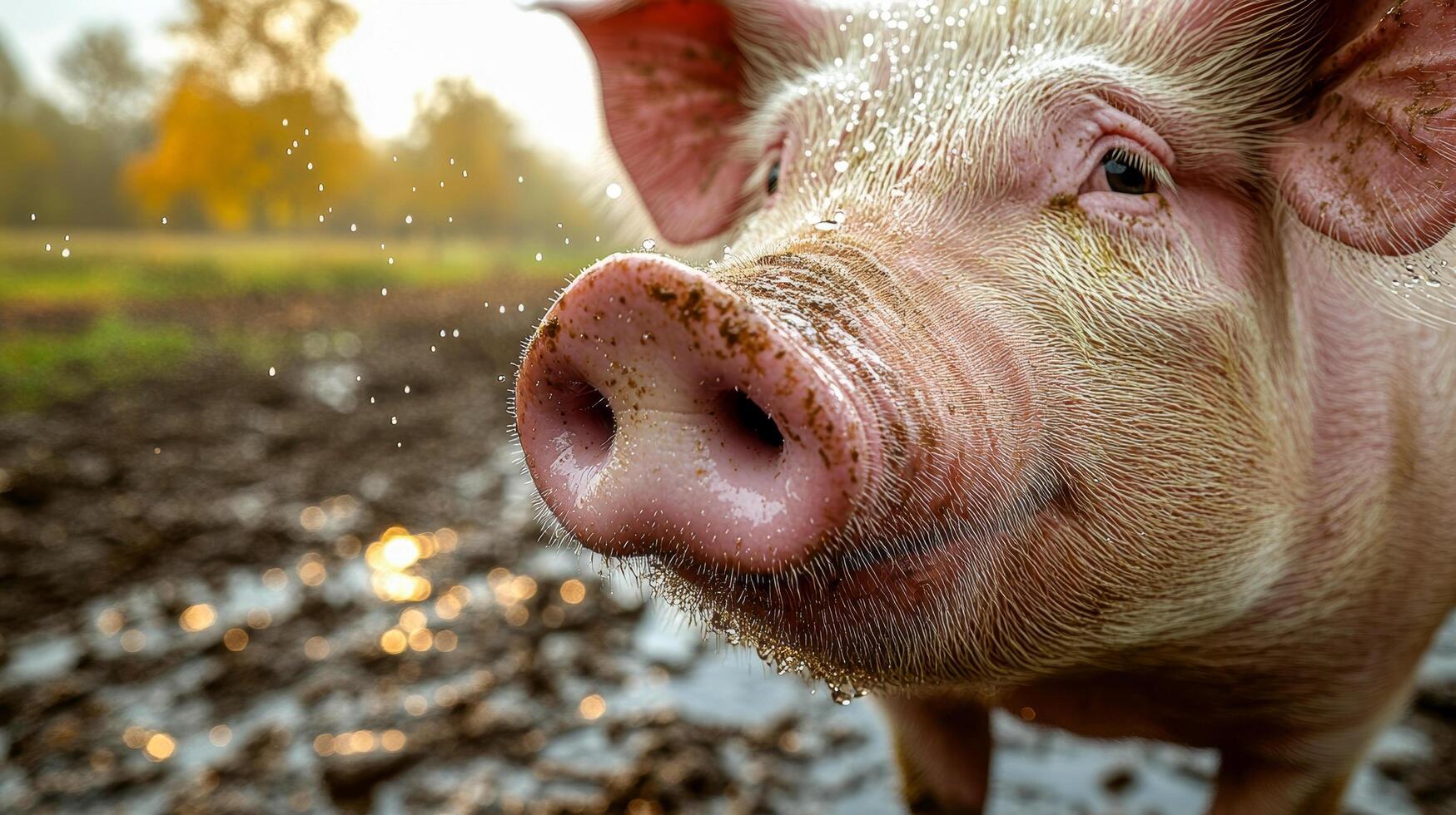 A close-up of a pig's face with small water droplets glistening on its pink skin photo