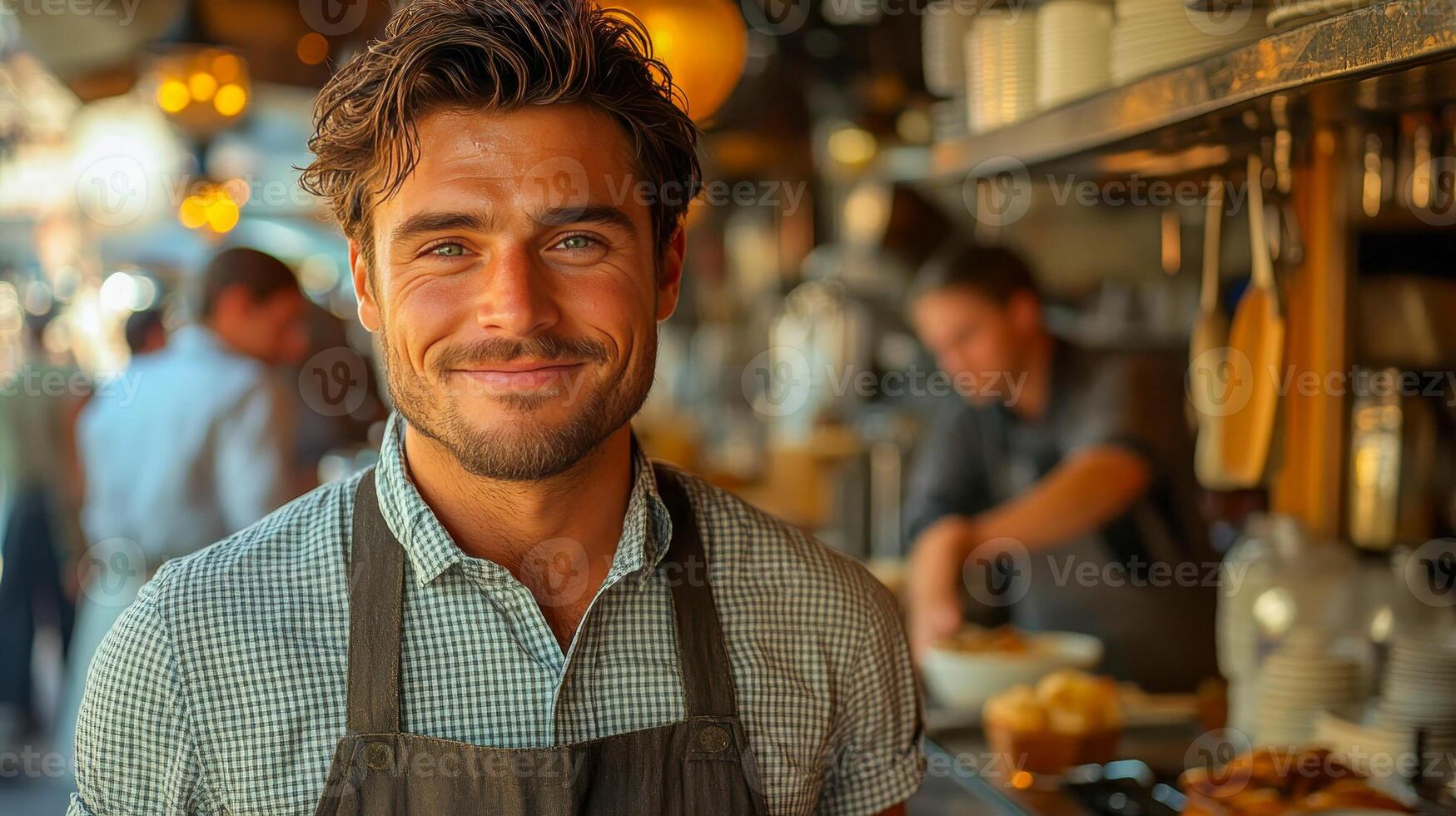 A waiter in a cafe stands against the background of a kitchen and smiles affably photo