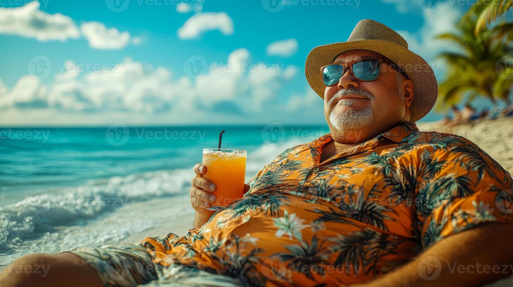 A fat man in a Hawaiian shirt and sunglasses relaxes on a sandy beach photo
