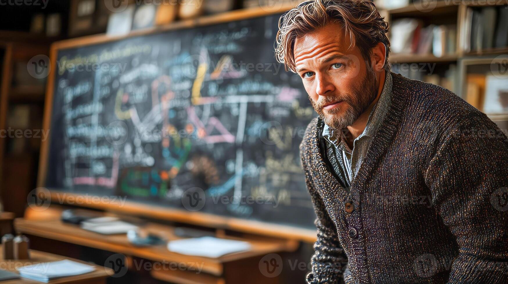 A teacher in a cardigan stands at the blackboard and explains diagrams and charts photo
