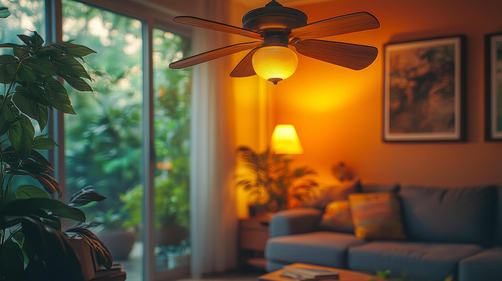 Vintage ceiling fan with wooden blades rotating slowly in cozy room photo