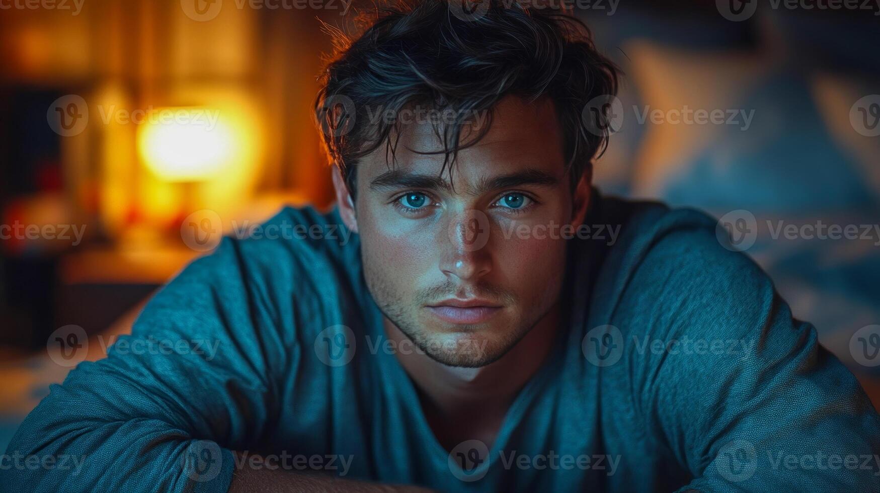 A man in comfortable dark colored pajamas sitting on the edge of a bed in a bedroom photo