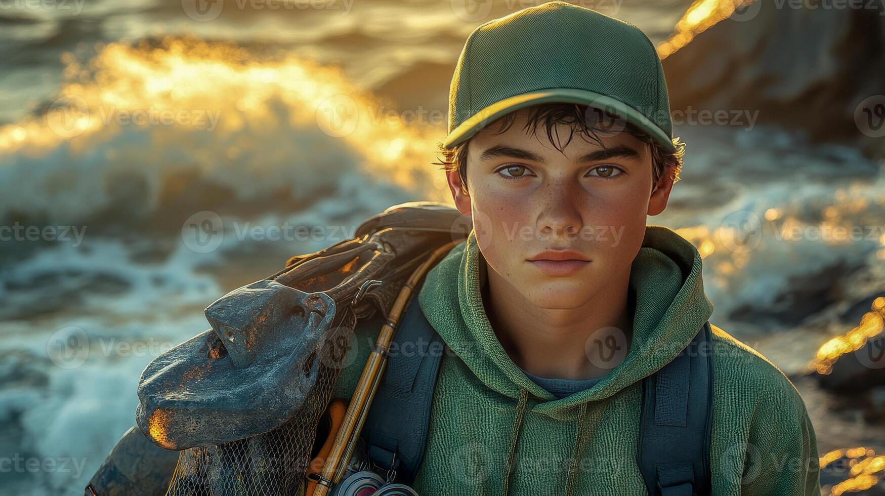A young fisherman stands on a rocky pier with fishing gear photo