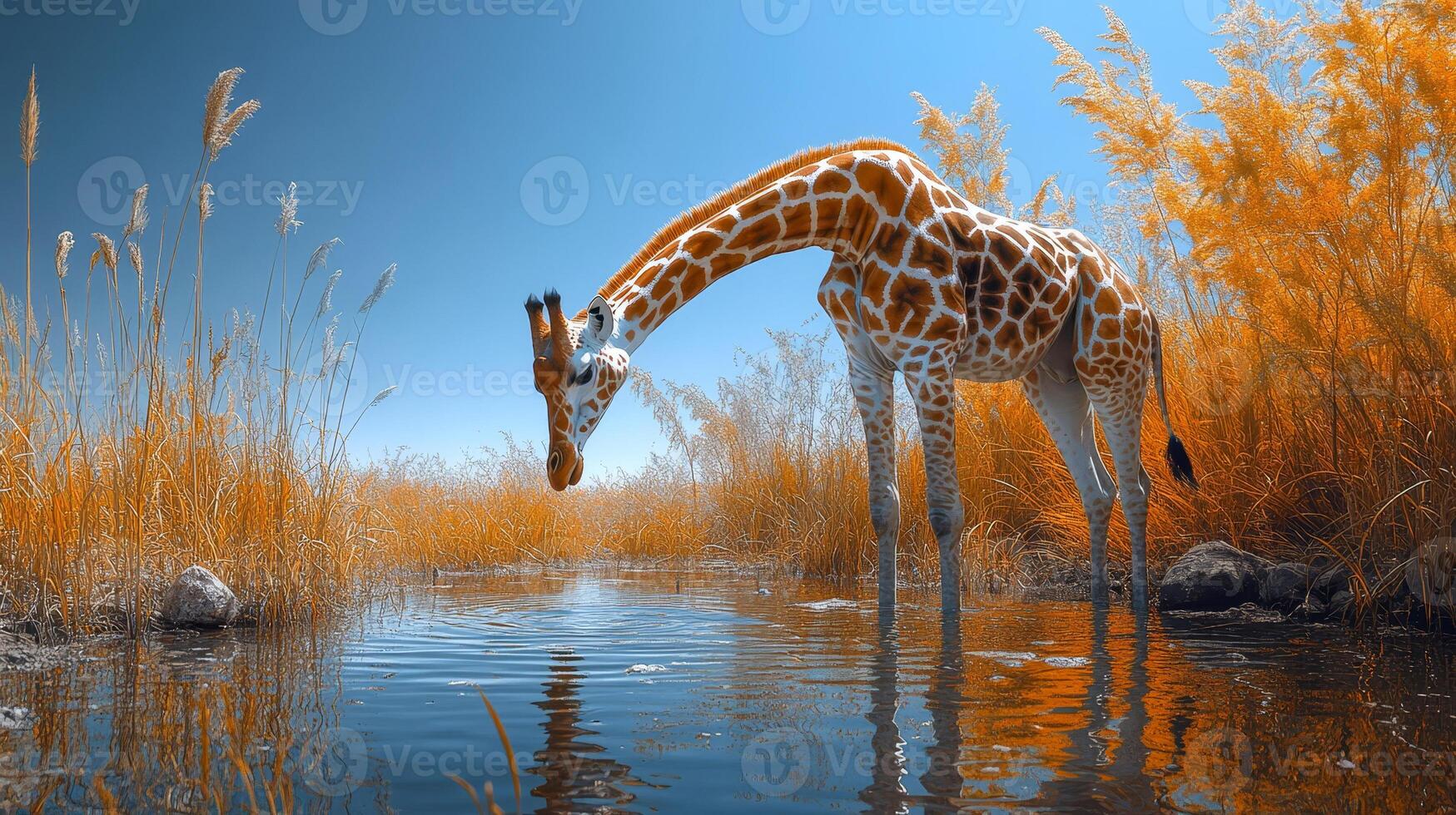 A giraffe stands by a body of water, bending over to drink photo