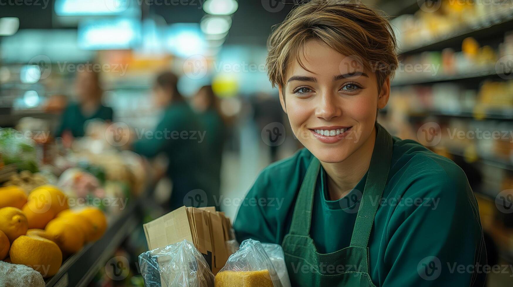 The saleswoman is laying out the merchandise on the counter photo