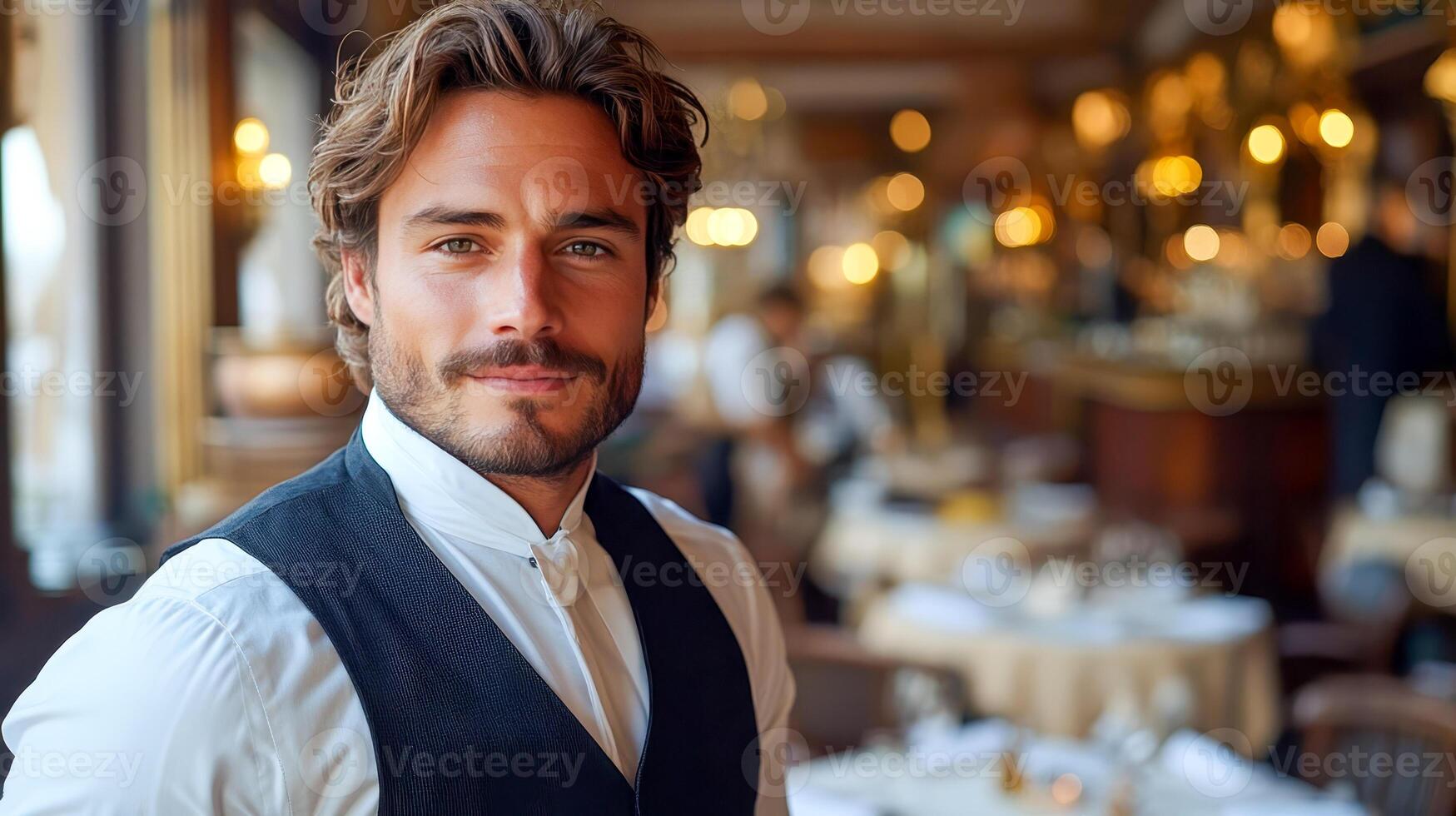 Professional waiter in white shirt and black vest standing in front of beautifully set table in upscale restaurant photo