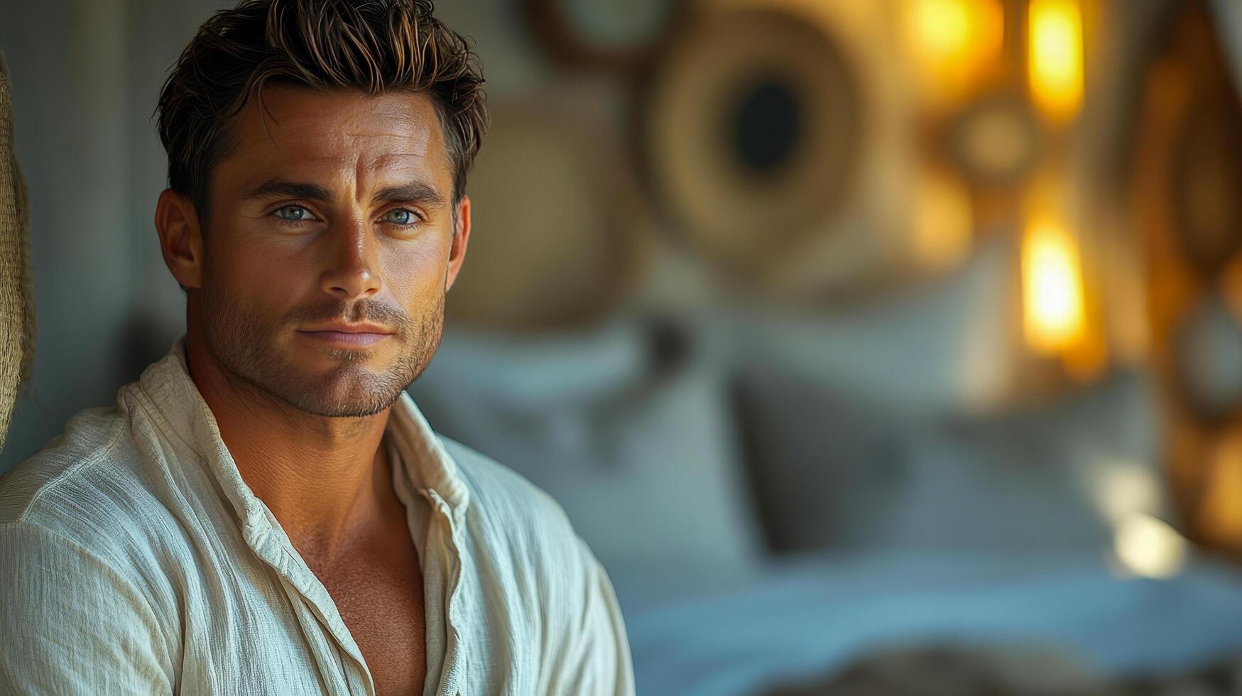 A man in a white cotton shirt getting ready for bed photo