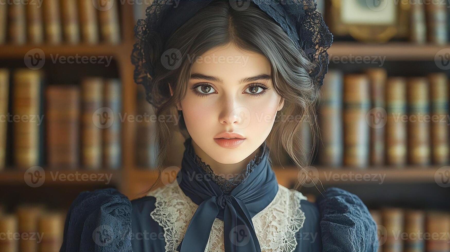 Young woman 1800s wearing dark elegant dress with lace trim photo