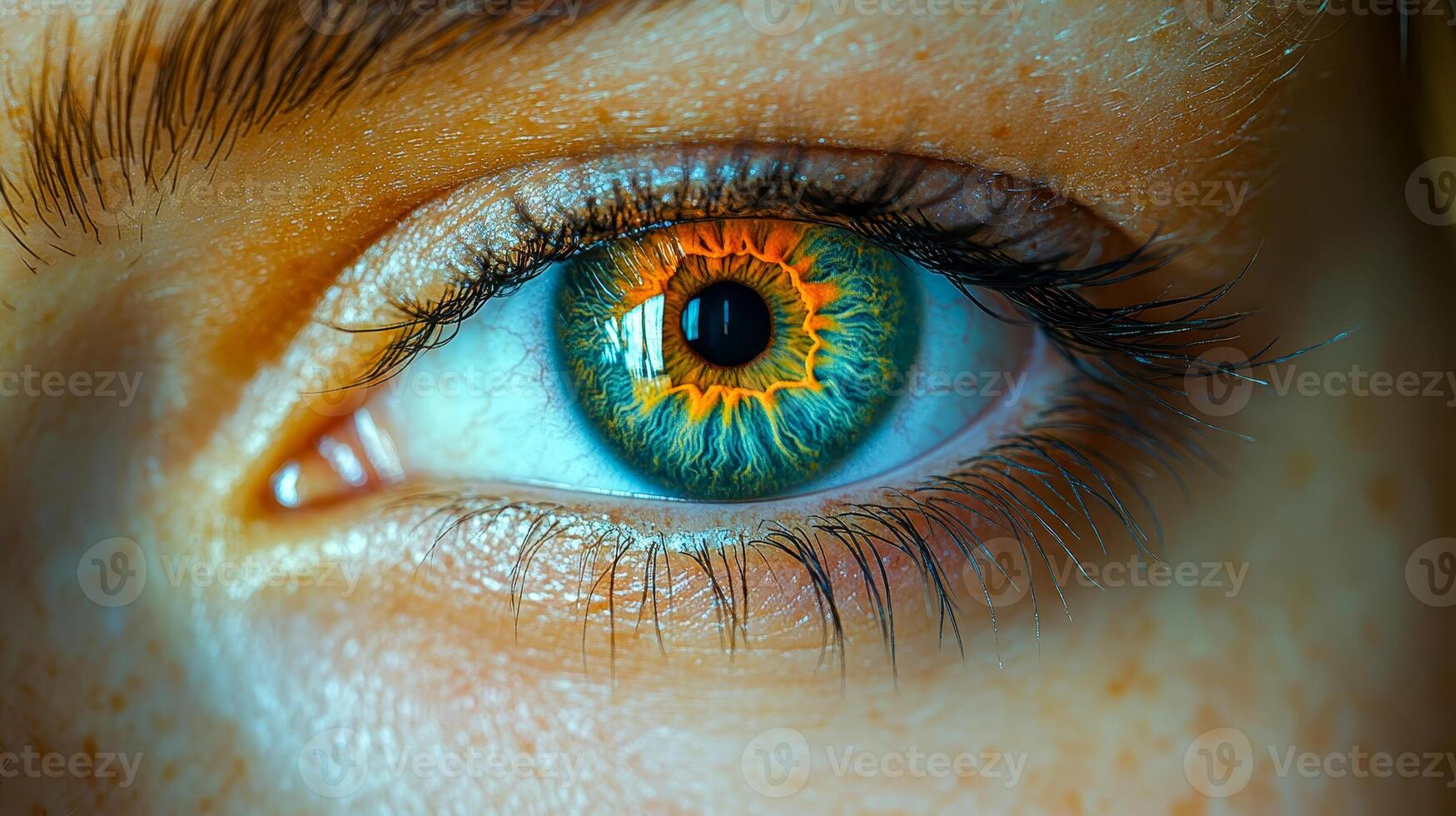 Macro photo of a woman's eye with dilated pupil and intense stare