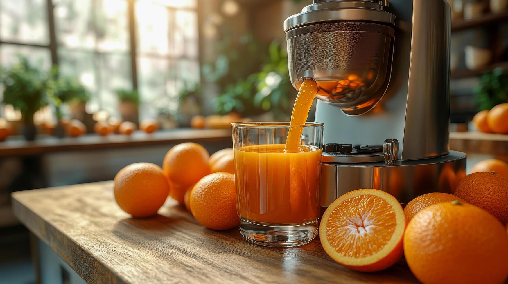 A metal juicer stands on the kitchen table, orange juice in a glass photo