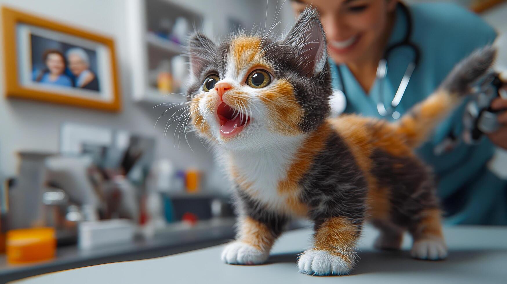 Frightened tri-colored kitten on the vet's table photo
