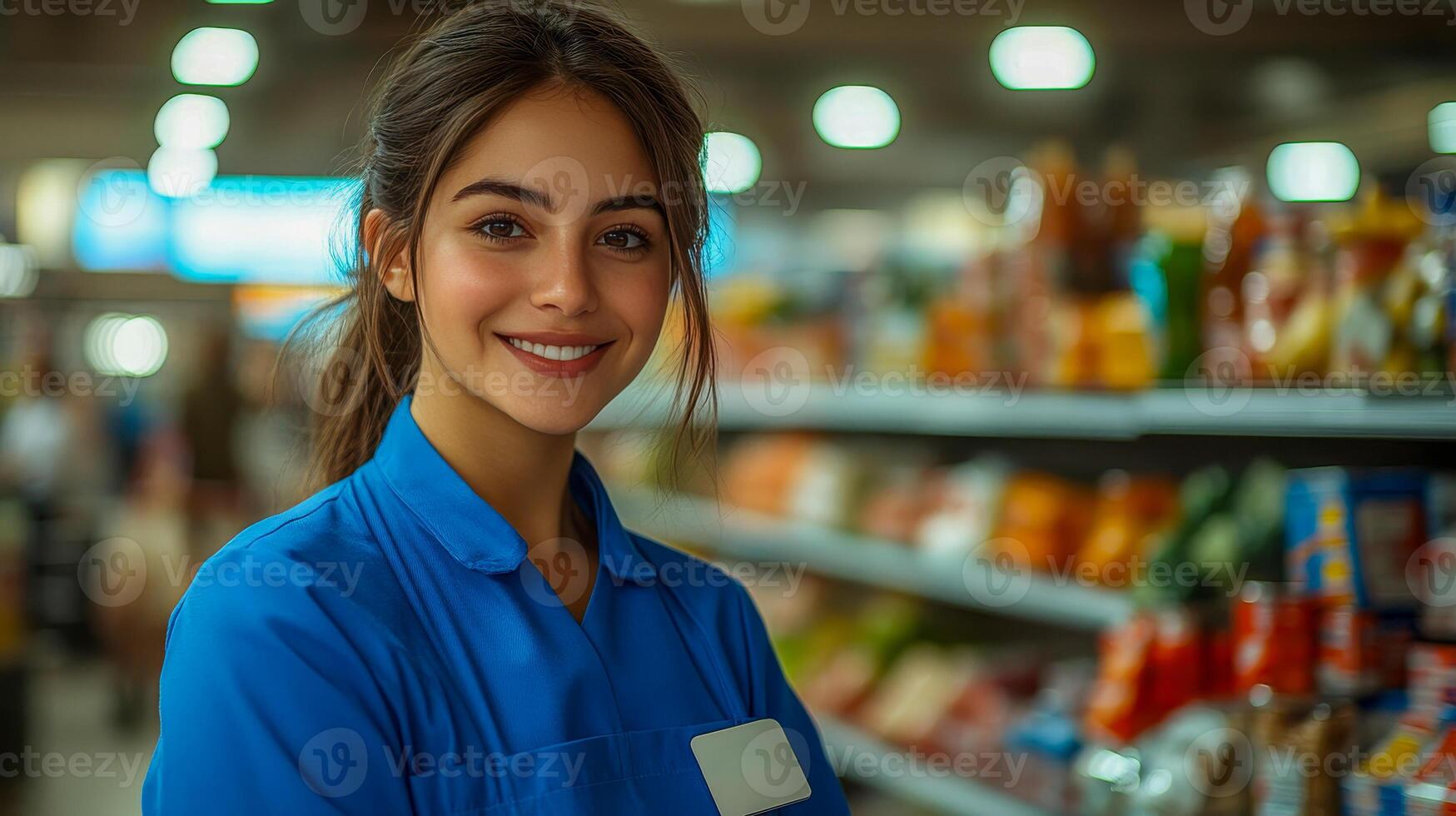 A saleswoman at the cash register in a blue uniform serves customers photo