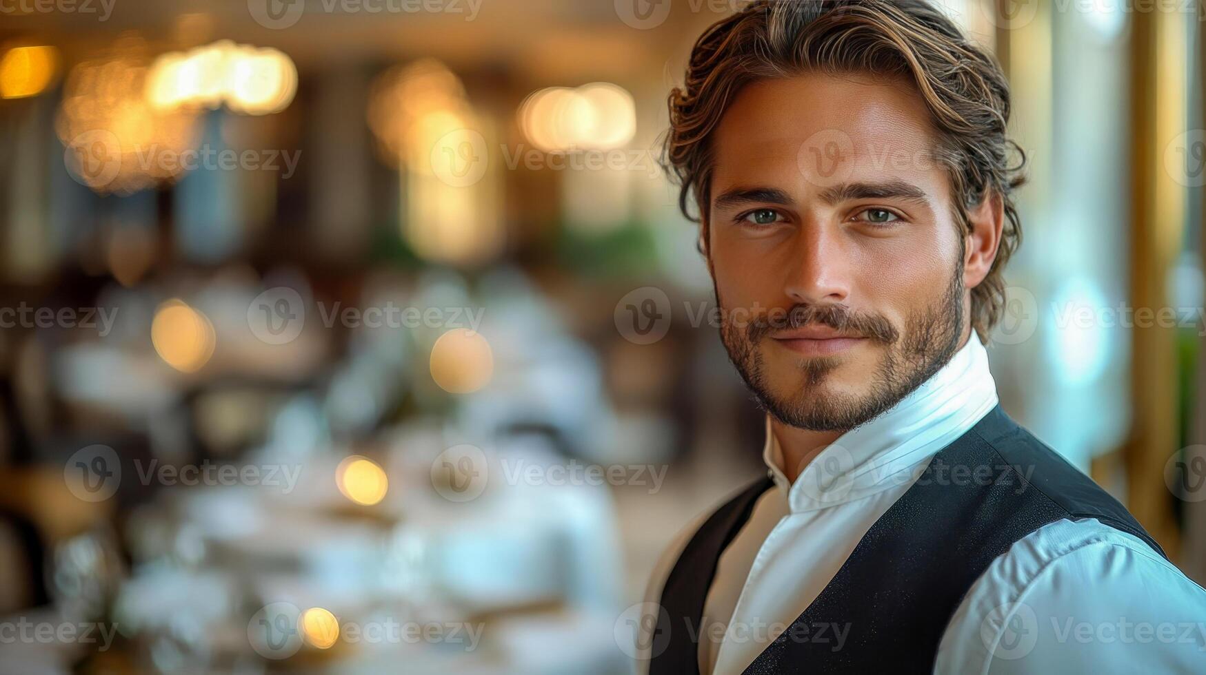 A neat waiter in a white shirt and black vest serves customers in an expensive restaurant photo