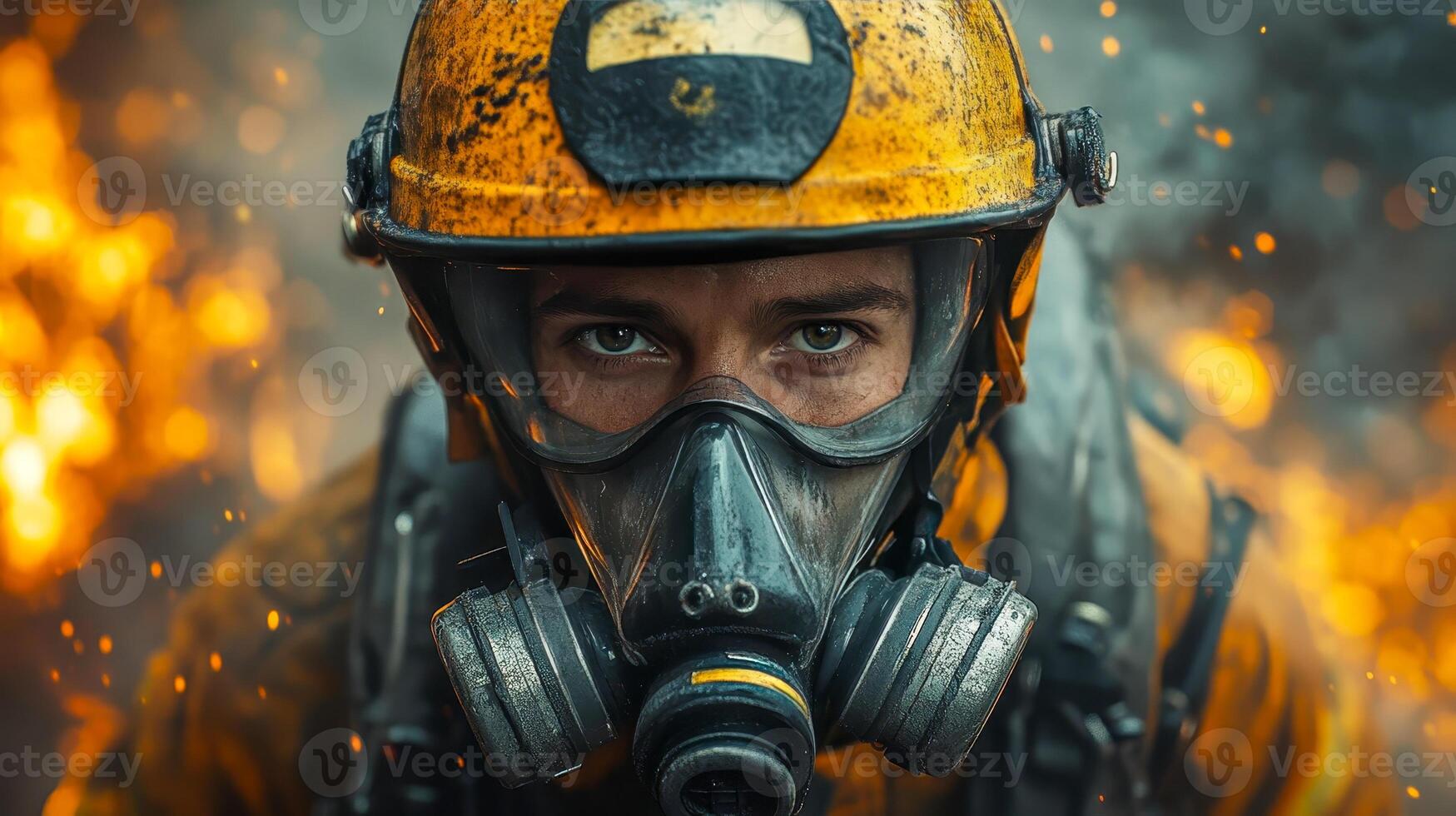 Firefighter in yellow helmet, respirator and protective gear, fire in the background photo