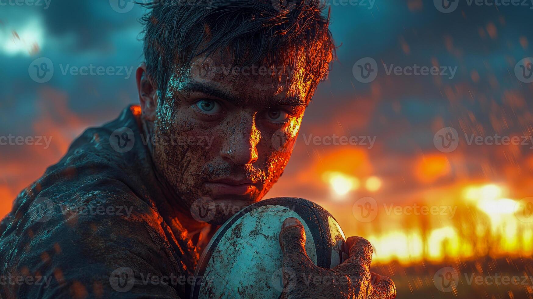 A rugby player with a dirty face clutching a rugby ball with both hands photo