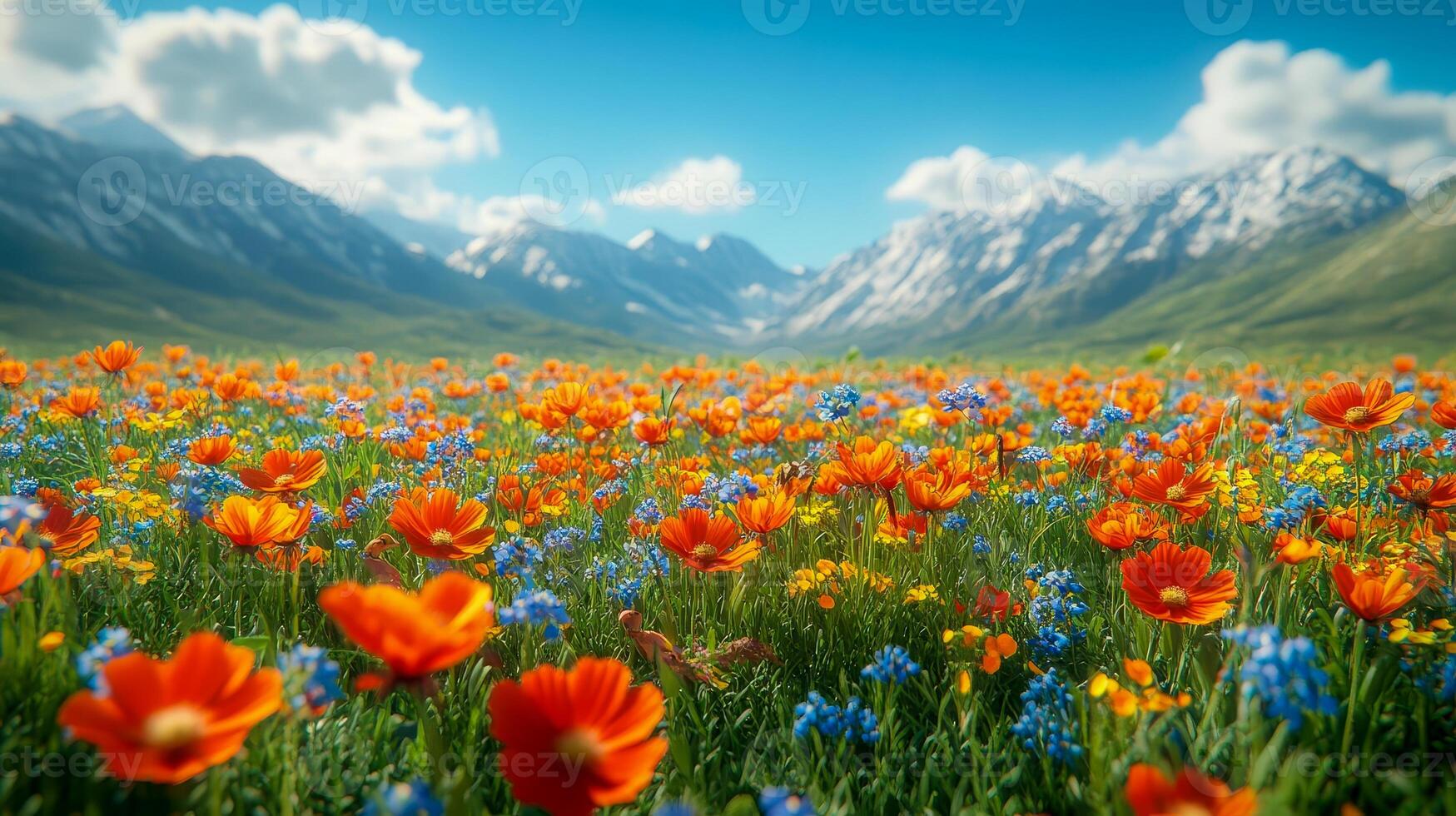 A beautiful meadow filled with blooming wild flowers, insects and small animals photo